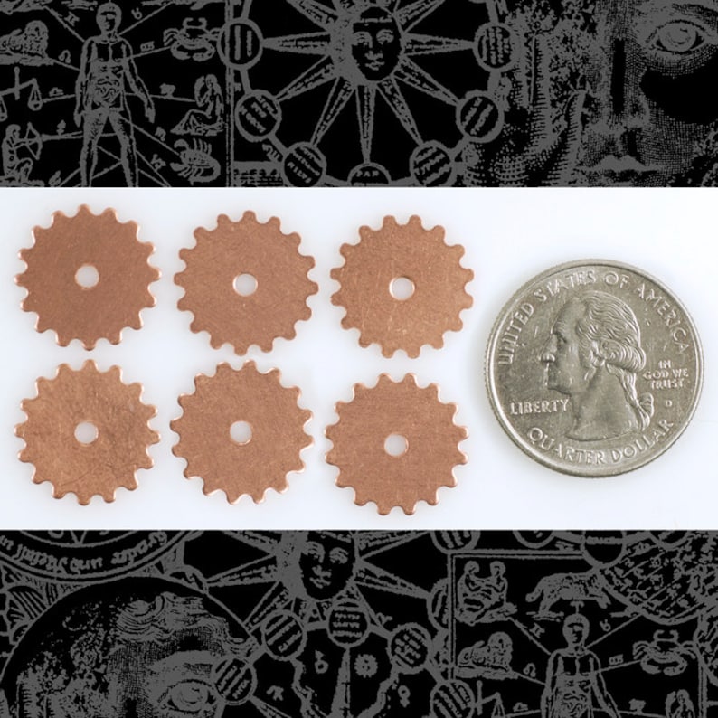 May include: Six copper-colored gear-shaped metal charms with a hole in the center. The charms are arranged in two rows of three. A US quarter is included for size comparison.