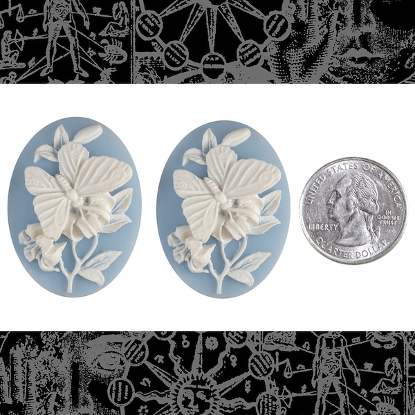 Dos camafeos de mariposas y flores azules y blancas de 30 x 40 mm - XXX - *CAM178