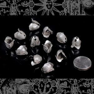 Puede incluir: Una colección de 12 abalorios de metal de color plateado en forma de flor. Los abalorios son de diferentes tamaños y formas, pero todos tienen un diseño similar. Son perfectos para añadir un toque de elegancia a cualquier proyecto de joyería.