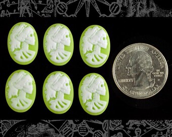 Lime Green and White Skeletal Profile 13mm x 18mm Resin Cameos - Set of Six - CAM31