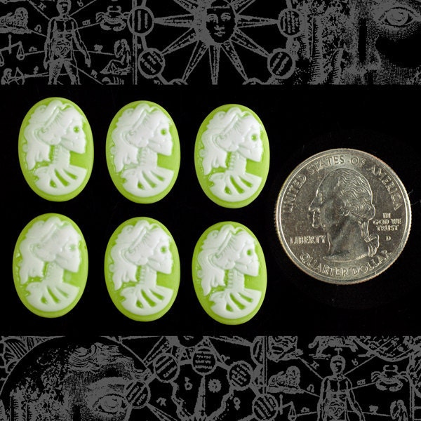 Lime Green and White Skeletal Profile 13mm x 18mm Resin Cameos - Set of Six - CAM31