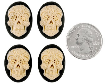 Black and Cream Day of the Dead 25mm x 18mm Cameos - Set of Four - CAM264