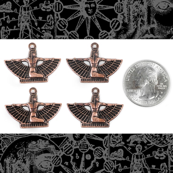 Antiqued Copper Plated Brass Finish Mini Winged Egyptian Goddess Pendants or Charms - Set of Four - C-P57