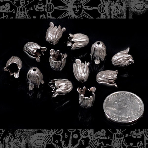 Antiqued Silver Plated Mini  Brass Tulip Beads Charms - Set of Twelve - S-BC23