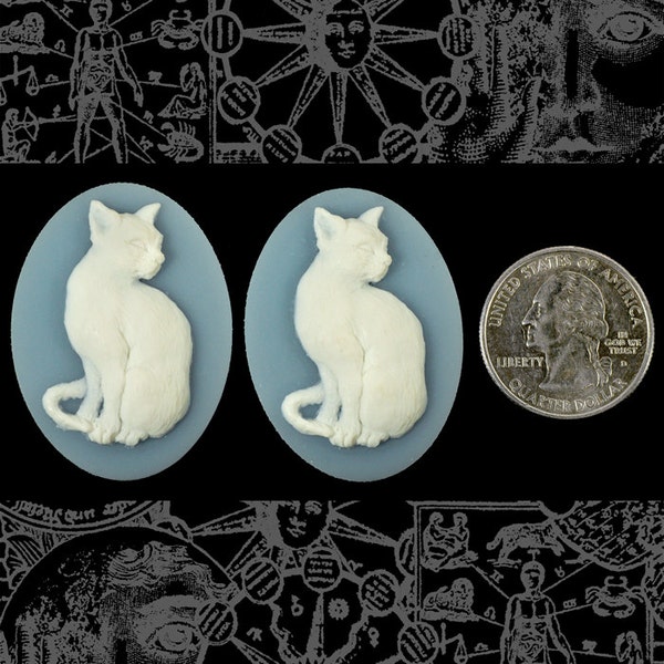 White Cat Cameos - Two White Cat on Wedgwood Blue 30m x 40mm Resin Cameos - Set of Two - CAM101