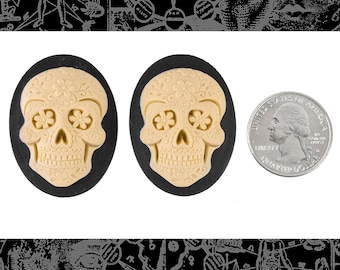 Black and Cream Day of the Dead 40mm x 30mm Cameos - Set of Two - CAM265