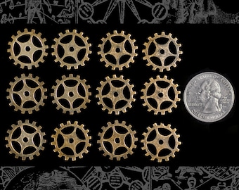 May include: Twelve antique gold-toned metal gears with a starburst design. The gears are arranged in three rows of four, with a silver US quarter dollar coin in the center.