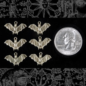 May include: Six silver bat charms, each with a detailed bat design, are arranged in two rows of three. The charms are approximately the size of a US quarter.
