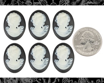 Black and White Feminine Profile 25mm x 18mm Resin Cameos - Set of Six - CAM267