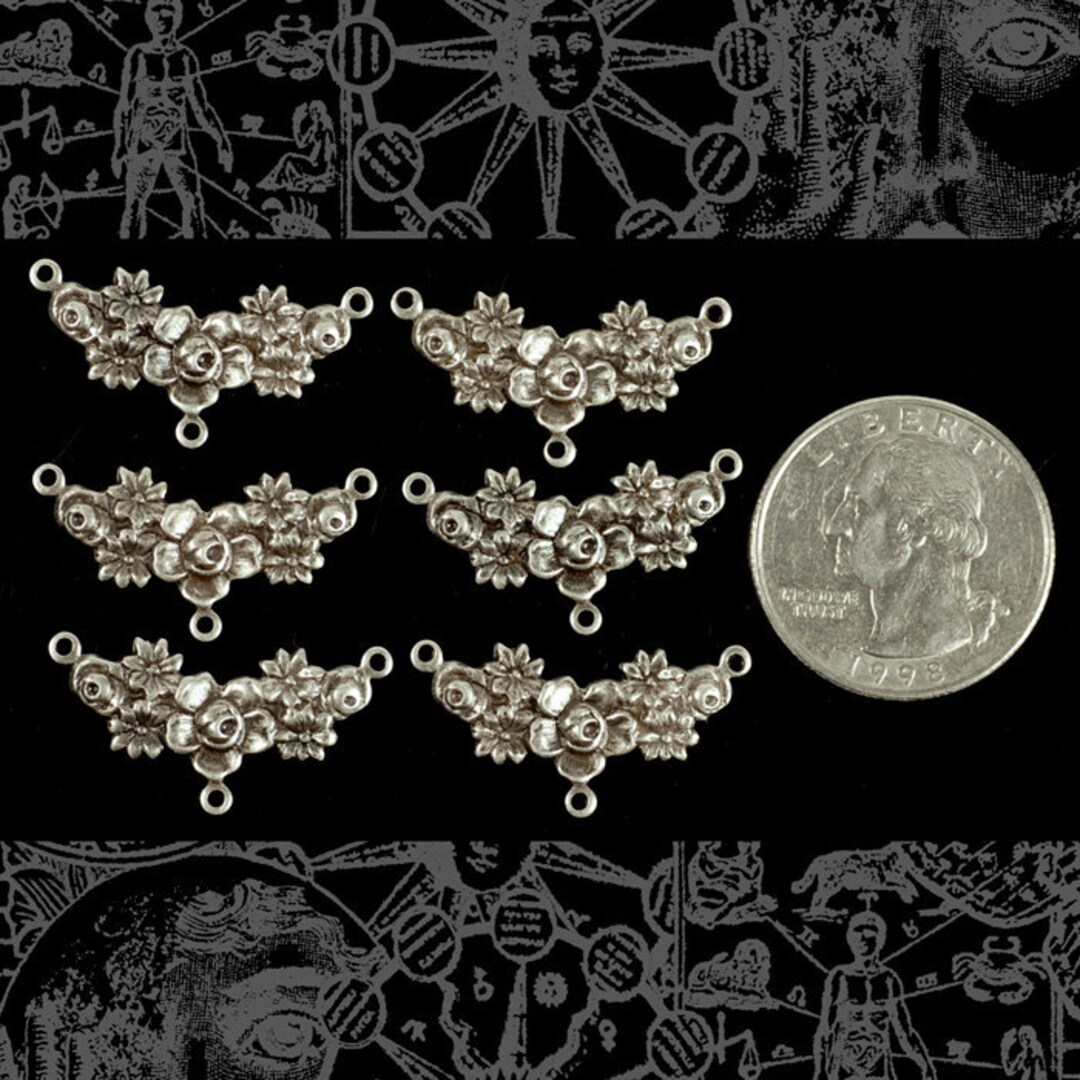 Antiqued Silver Plated Brass Floral Spray Three Ring Connectors