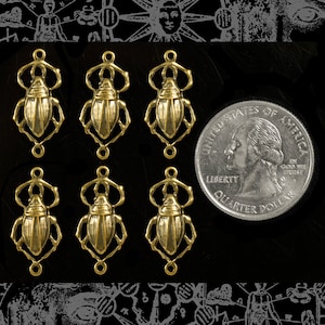 May include: Six gold-toned metal beetle charms with intricate details. Each charm has a loop at the top for attaching to jewelry or other crafts.