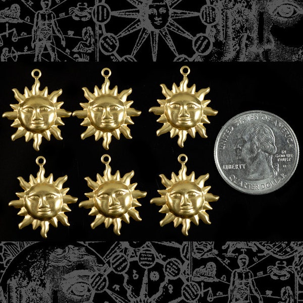 Raw Brass Sun Charms, Set of Six    *B-C81