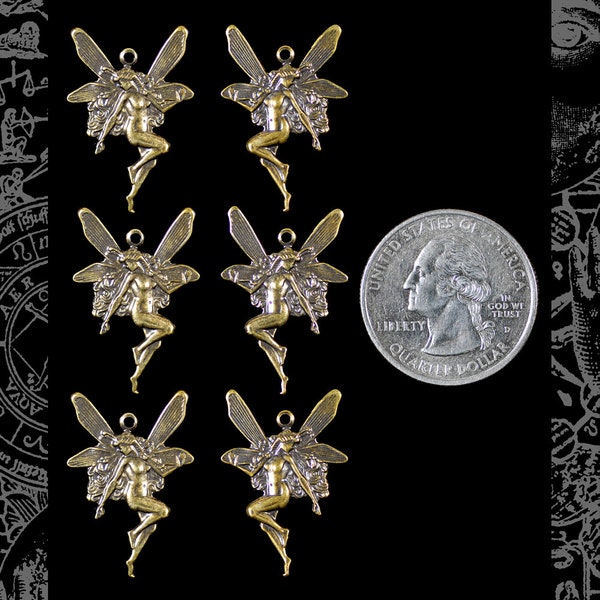 Antiqued Brass Fairy Charms Mirror Image - Three Sets of Two - AB-C34