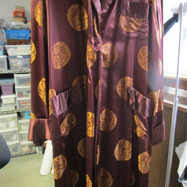 Vintage Rust Brown Satin Asian Long robe with Dragons, Size 48