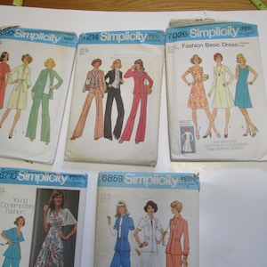 May include: A collection of ten vintage sewing patterns for women's clothing. The patterns are from Simplicity and feature various styles, including dresses, pantsuits, and tops. The patterns are in various colors, including blue, green, red, and white.