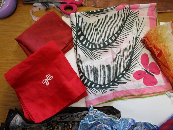 Lot of 8 Small Square Printed Scarves, silk and p… - image 1