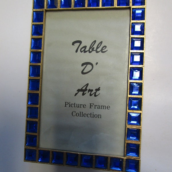 Blue Jeweled Gold Edge Glass Frame 3.5 x 5 3/4 inches inside mount