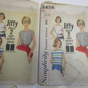 May include: Two vintage Simplicity sewing patterns for a Jiffy blouse. The patterns are printed on white paper with a blue and white striped design. The pattern numbers are 4438 and 505. The patterns are for sizes 14, 16, and 34. The patterns are 35 cents each.