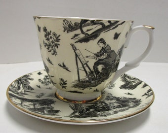 Royal Garden Toile Teacup and Saucer, Black and Cream