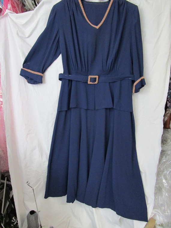 Vintage 1940-50 Navy Rayon dress with matching Bel