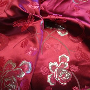 Red Roses Satin polyester Japanese Brocade floral print Fabric BTY