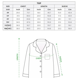 May include: Diagram of a kid's satin pajama top with chest, length, and sleeve measurements in inches and centimeters. Sizes range from 4Y to YM(14Y). The text says "ALL-OVER PRINT KID SATIN PAJAMAS SET".