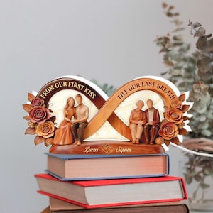 Puede incluir: Un signo de infinito de madera con dos parejas, una joven y otra mayor, y los textos "From our first kiss" y "Till our last breath". El signo está decorado con rosas y se encuentra sobre una pila de libros. También se ven los nombres "Lucas" y "Sophia".