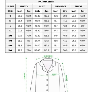 May include: An image of a pajama shirt size chart with measurements in inches and centimeters. The chart includes sizes S to 5XL, with length, bust, shoulder, and sleeve measurements. The text "ALL-OVER PRINT SATIN PAJAMAS SHIRT" is at the top.