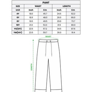May include: White graphic showing the measurements for kid's satin pajama pants. The text at the top says "ALL-OVER PRINT KID SATIN PAJAMAS SET". The size chart includes waist and length measurements in inches and centimeters for sizes 4Y to YM(14Y).