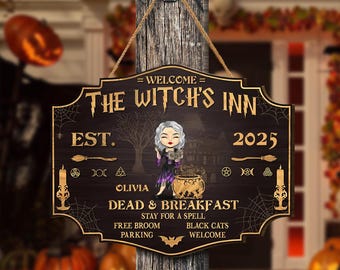 The Witch's Inn - Personalized Custom Witch Sign, WITCH Halloween Wooden Sign, Spooky Halloween Witchy Salem Sign, Gothic Witchy Home Decor