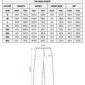 May include: Image features a size chart for all-over print satin pajama pants. The chart includes measurements in inches and centimeters for length, waist, front rise, and hip, with sizes ranging from S to 5XL. A diagram illustrates the measurement points.
