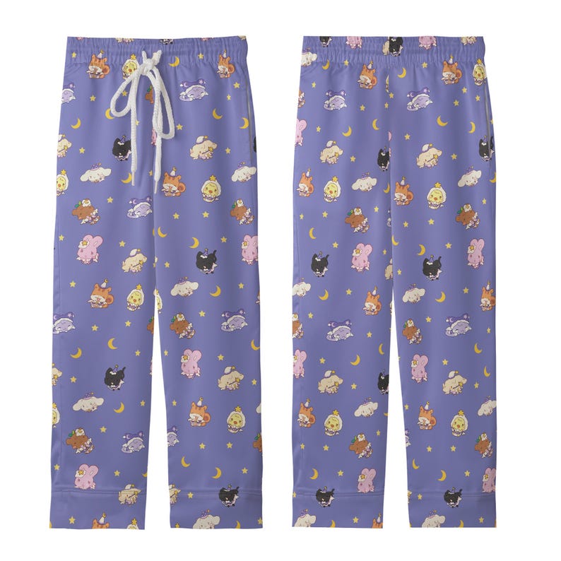 May include: Lavender pajama pants with a repeating pattern of cartoon animals, clouds, moons, and stars. The pants have a drawstring waist. The pajama pants are made of a soft material.