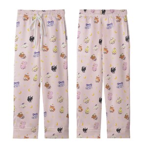 May include: Pink pajama pants with an all-over print of cartoon characters, moons, and clouds. The pants have a drawstring waist and a relaxed fit. The fabric appears to be a soft, lightweight material.