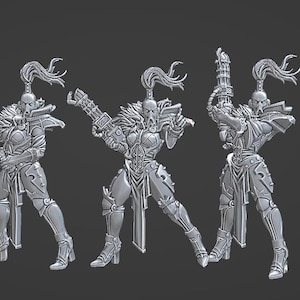 Op de afbeelding: Vijf grijze miniatuurbeeldjes van futuristische vrouwelijke krijgers, elk met een wapen. Ze staan in dynamische poses, met gedetailleerde bepantsering en vloeiend haar. De figuren staan tegen een donkergrijze achtergrond.