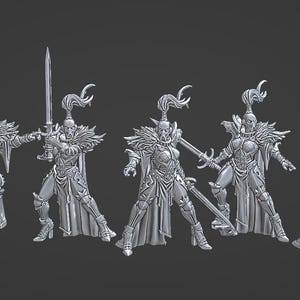 May include: Five silver fantasy warrior figurines with swords, armour, and elaborate helmets. The figures are in various action poses, with detailed textures and designs. The background is a solid, dark grey.