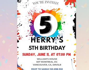 Invitación editable para fiesta de arte de 5º cumpleaños: ¡Vístete para ensuciarte! Invitación de cumpleaños con salpicaduras de pintura para fiestas infantiles. Plantilla digital.