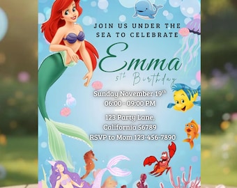 Invitación de cumpleaños de sirena, plantilla editable de Canva, invitación bajo el mar, fiesta oceánica, invitación de cumpleaños imprimible para niñas.