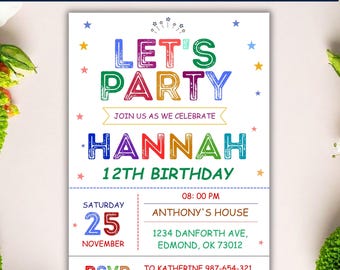 Editable Birthday Invitation Canva Template, Kids Party Invite Printable, Colorful Fun Birthday Invite, Digital Download