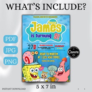 Under the sea SpongeBob invite, ocean birthday party invitation, editable kids Canva design