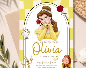 Invitación de cumpleaños editable de princesa dorada, invitación para fiesta de rosas de cuento de hadas, plantilla de Canva para niñas, descarga digital imprimible.