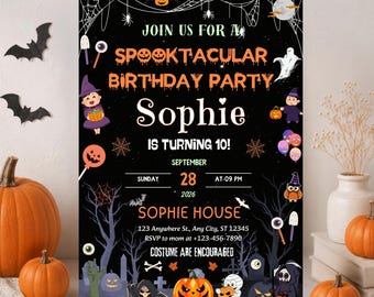 Halloween Birthday Invitation, Spooky Kids Party Invite, Pumpkin Ghost Costume Party Card, Canva Birthday Party Template