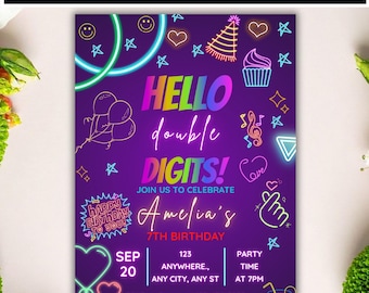 Invitación de cumpleaños número 10 para personas de dos dígitos, invitación para fiesta con brillo neón, plantilla editable de Canva para personas de un solo dígito.