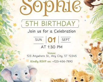 Editable Safari Animal Birthday Invitation Canva Template, Printable Jungle Party Animals Kids Invite, Cute Zoo Theme Digital Download
