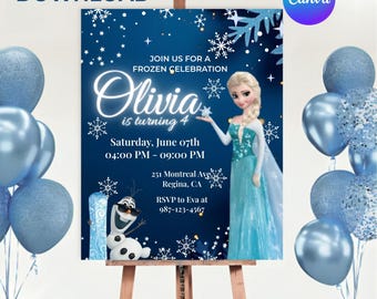 Frozen Invite, Elsa verjaardag, Frozen sjabloon, Snow Party Card, Frozen afdrukbare, canvas uitnodiging, Digital Frozen, bewerkbare Elsa, Frozen Party Card