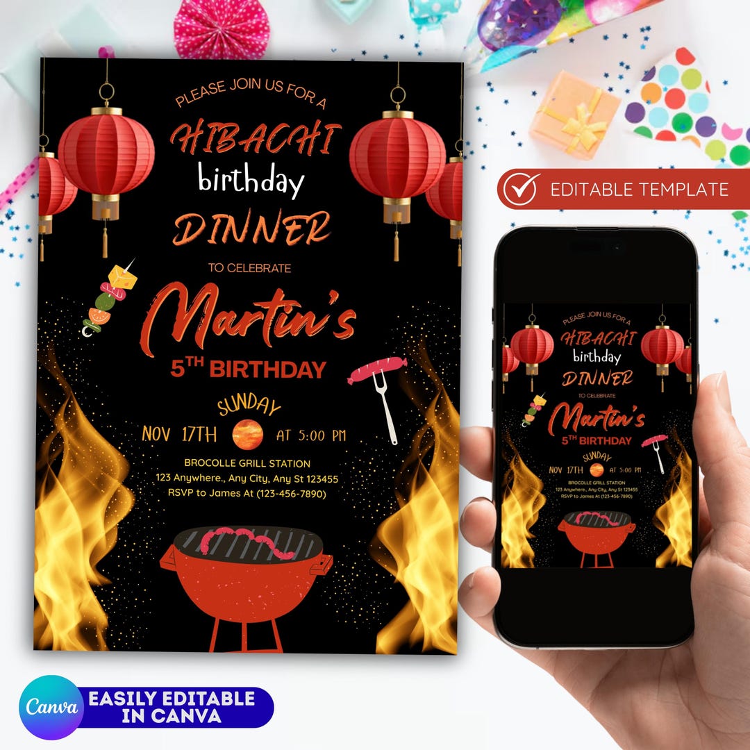 Hibachi Birthday Invitation Template Asian Grill Party (editable