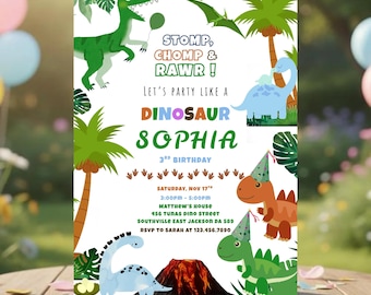 Editable Dinosaur Birthday Invitation Template Canva, Kids Dino Party Invite Printable Toddler Download