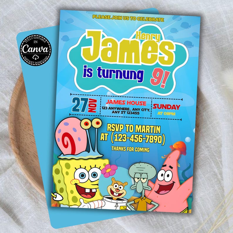 Under the sea SpongeBob birthday invite Canva editable digital download
