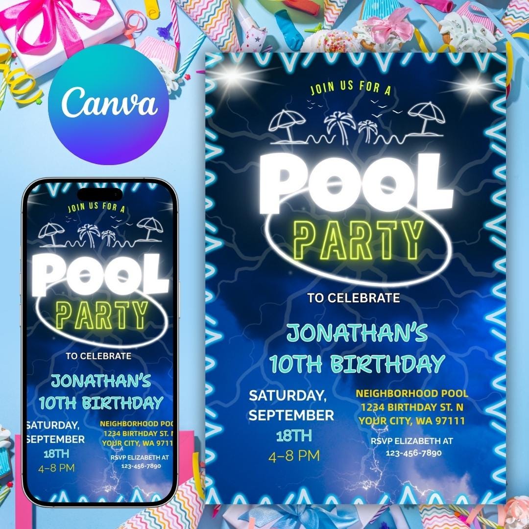 Pool Party Invitation Canva Template: Editable Kids Birthday Invite ...