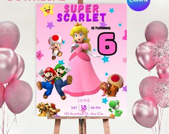 Verjaardagsuitnodiging Princess Peach: Super Mario Canva-sjabloon (digitale download)