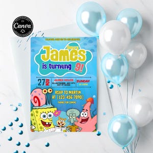 Ocean theme SpongeBob birthday invite, underwater kids party invitation, printable Canva template